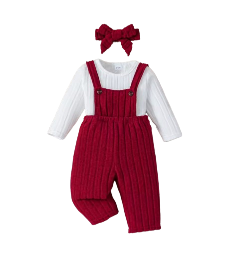 The Alison - Baby Girl White Long Sleeved Top + Red Suspender Pants + Headband
