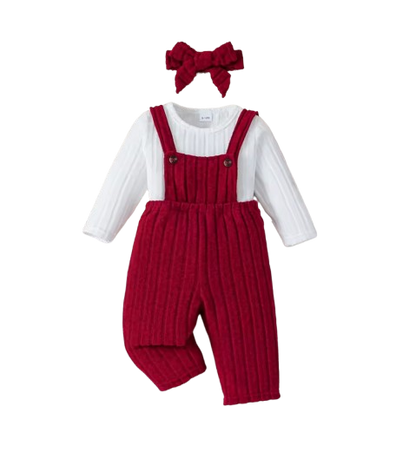 The Alison - Baby Girl White Long Sleeved Top + Red Suspender Pants + Headband