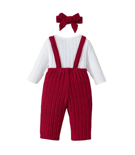 The Alison - Baby Girl White Long Sleeved Top + Red Suspender Pants + Headband