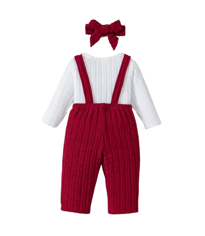 The Alison - Baby Girl White Long Sleeved Top + Red Suspender Pants + Headband