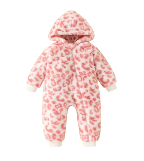 The Tru - Baby Unisex Cute Light Pink Plush Leopard‑Print Hooded Jumpsuit for Autumn & Winter