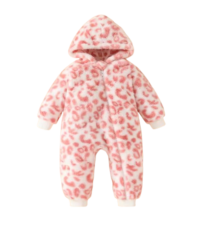 The Tru - Baby Unisex Cute Light Pink Plush Leopard‑Print Hooded Jumpsuit for Autumn & Winter