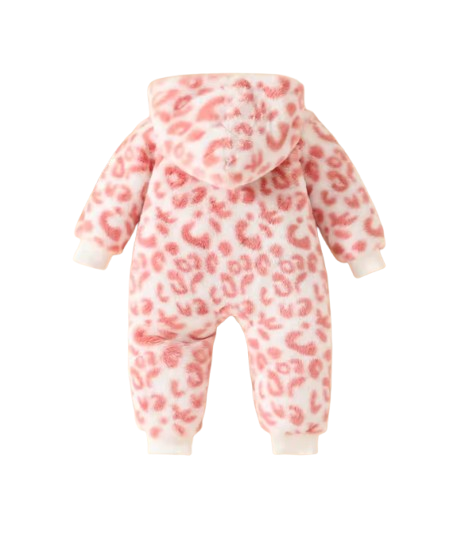 The Tru - Baby Unisex Cute Light Pink Plush Leopard‑Print Hooded Jumpsuit for Autumn & Winter