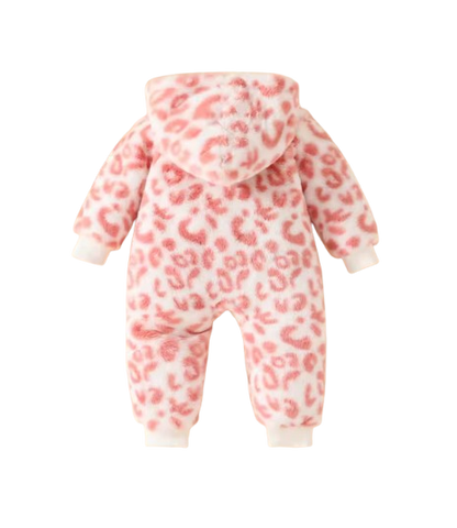 The Tru - Baby Unisex Cute Light Pink Plush Leopard‑Print Hooded Jumpsuit for Autumn & Winter