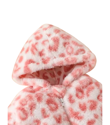 The Tru - Baby Unisex Cute Light Pink Plush Leopard‑Print Hooded Jumpsuit for Autumn & Winter