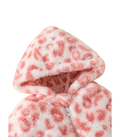 The Tru - Baby Unisex Cute Light Pink Plush Leopard‑Print Hooded Jumpsuit for Autumn & Winter