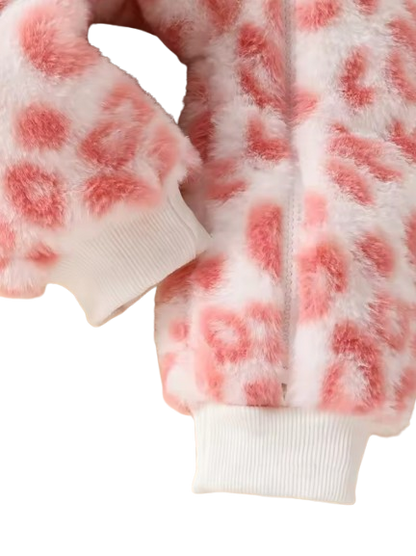The Tru - Baby Unisex Cute Light Pink Plush Leopard‑Print Hooded Jumpsuit for Autumn & Winter