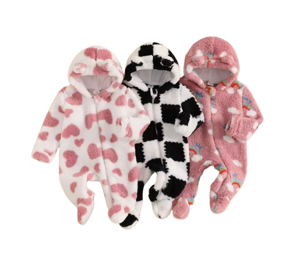 The Tru - Baby Unisex Cute Plush Leopard‑Print Hooded Jumpsuit for Autumn & Winter