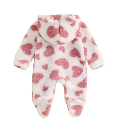 The Tru - Baby Unisex Cute Pink Heart Plush Leopard‑Print Hooded Jumpsuit for Autumn & Winter