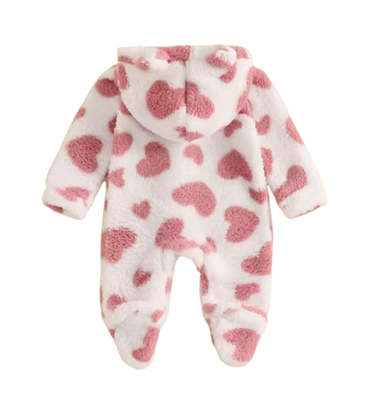 The Tru - Baby Unisex Cute Pink Heart Plush Leopard‑Print Hooded Jumpsuit for Autumn & Winter
