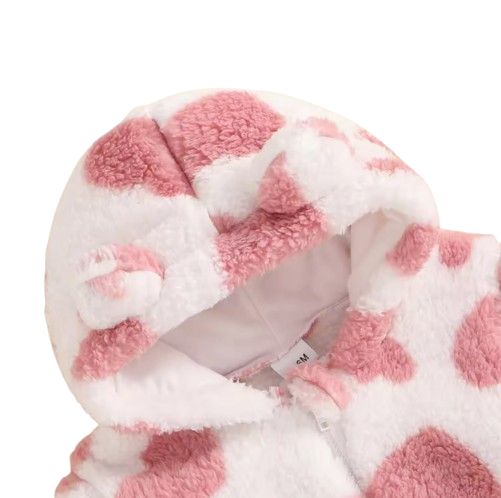 The Tru - Baby Unisex Cute Pink Heart Plush Leopard‑Print Hooded Jumpsuit for Autumn & Winter
