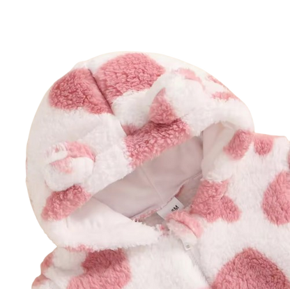The Tru - Baby Unisex Cute Pink Heart Plush Leopard‑Print Hooded Jumpsuit for Autumn & Winter