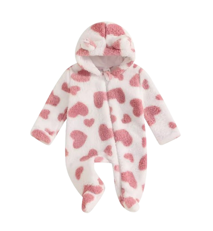 The Tru - Baby Unisex Cute Pink Heart Plush Leopard‑Print Hooded Jumpsuit for Autumn & Winter
