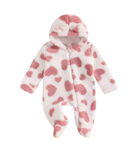 The Tru - Baby Unisex Cute Pink Heart Plush Leopard‑Print Hooded Jumpsuit for Autumn & Winter