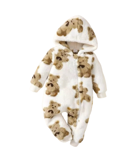 The Rayan - Baby Unisex Winter Plush Jumpsuit – Cartoon Bear Pattern, Hooded Long‑Sleeve Slanted‑Zip Romper