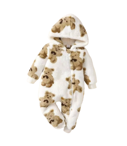 The Rayan - Baby Unisex Winter Plush Jumpsuit – Cartoon Bear Pattern, Hooded Long‑Sleeve Slanted‑Zip Romper