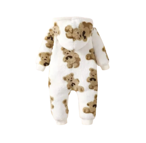 The Rayan - Baby Unisex Winter Plush Jumpsuit – Cartoon Bear Pattern, Hooded Long‑Sleeve Slanted‑Zip Romper