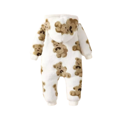 The Rayan - Baby Unisex Winter Plush Jumpsuit – Cartoon Bear Pattern, Hooded Long‑Sleeve Slanted‑Zip Romper