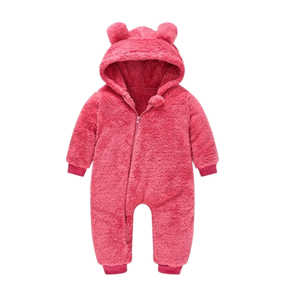 The Vin - Baby Unisex Dark Pink Spring/Autumn Plush Romper – Hooded Warm Bear Jumpsuit for Infants & Toddlers