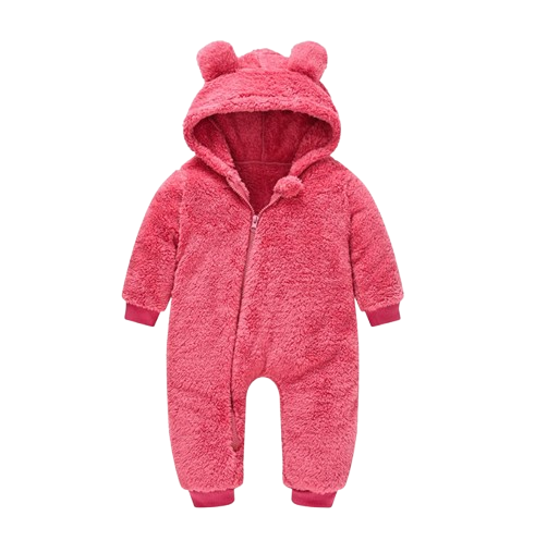 The Vin - Baby Unisex Dark Pink Spring/Autumn Plush Romper – Hooded Warm Bear Jumpsuit for Infants & Toddlers
