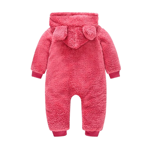 The Vin - Baby Unisex Dark Pink Spring/Autumn Plush Romper – Hooded Warm Bear Jumpsuit for Infants & Toddlers