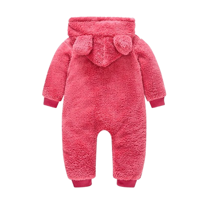 The Vin - Baby Unisex Dark Pink Spring/Autumn Plush Romper – Hooded Warm Bear Jumpsuit for Infants & Toddlers