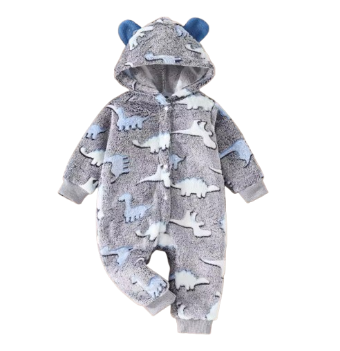 The Jamir - Baby Boy Fuzzy Dinosaur Romper – Warm Winter Hooded Onesie, Soft Casual Outfit