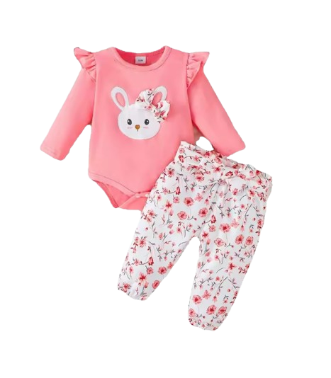 The Josephine - Baby Girl Ruffled Sleeve Rabbit Design Tops + Floral Short + Headband