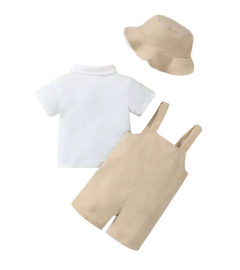 The Kason - Baby Boy 3‑Piece Outfit Set - Bear Print Romper, Polo Shirt & Hat | Soft Spring/Summer Clothing