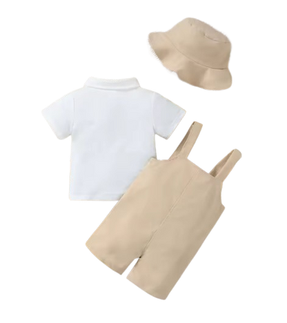 The Kason - Baby Boy 3‑Piece Outfit Set - Bear Print Romper, Polo Shirt & Hat | Soft Spring/Summer Clothing