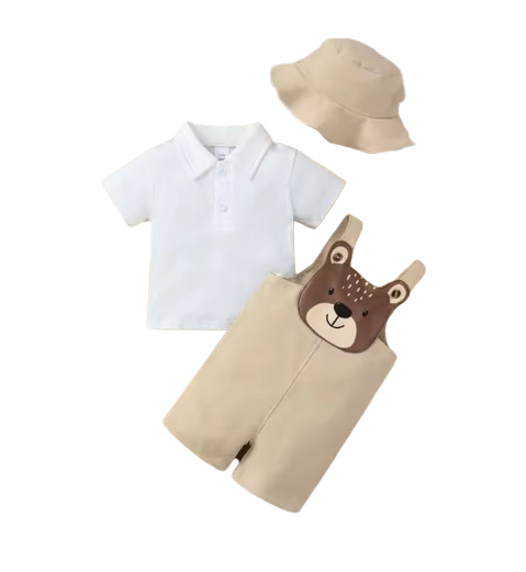 The Kason - Baby Boy 3‑Piece Outfit Set - Bear Print Romper, Polo Shirt & Hat | Soft Spring/Summer Clothing