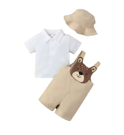 The Kason - Baby Boy 3‑Piece Outfit Set - Bear Print Romper, Polo Shirt & Hat | Soft Spring/Summer Clothing