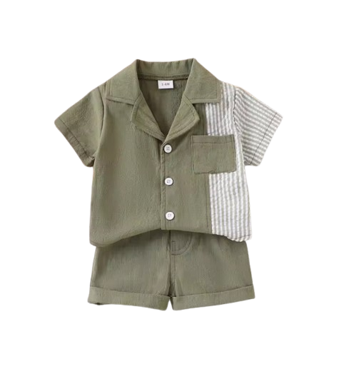 The Krew - Baby Boy Patchwork Striped Summer Outfit – Short‑Sleeved Shirt & Shorts Set | Lightweight, Breathable, Casual Fashion