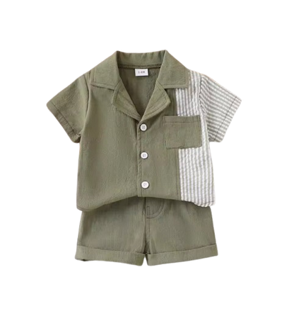 The Krew - Baby Boy Patchwork Striped Summer Outfit – Short‑Sleeved Shirt & Shorts Set | Lightweight, Breathable, Casual Fashion