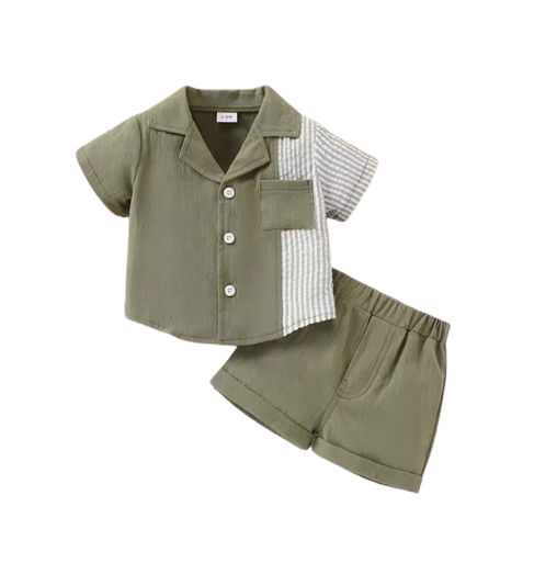The Krew - Baby Boy Patchwork Striped Summer Outfit – Short‑Sleeved Shirt & Shorts Set | Lightweight, Breathable, Casual Fashion