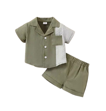 The Krew - Baby Boy Patchwork Striped Summer Outfit – Short‑Sleeved Shirt & Shorts Set | Lightweight, Breathable, Casual Fashion