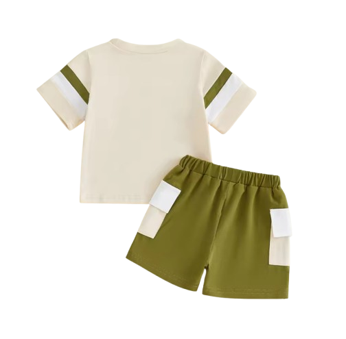 The Caiden - Baby Boy Summer Outfit Set 0–3Y – Short Sleeve O‑Neck Letter Print Top & Drawstring Cargo Shorts