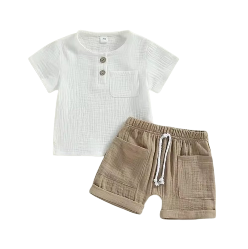 The Nikolai - Toddler Baby Boy Summer Outfit – 2‑Piece Solid Color Short Sleeve T‑Shirt with Chest Pocket & Elastic Shorts Set
