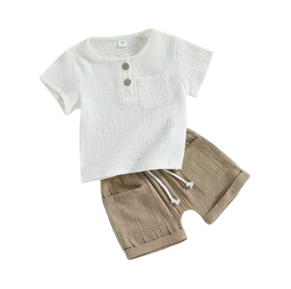 The Nikolai - Toddler Baby Boy Summer Outfit – 2‑Piece Solid Color Short Sleeve T‑Shirt with Chest Pocket & Elastic Shorts Set
