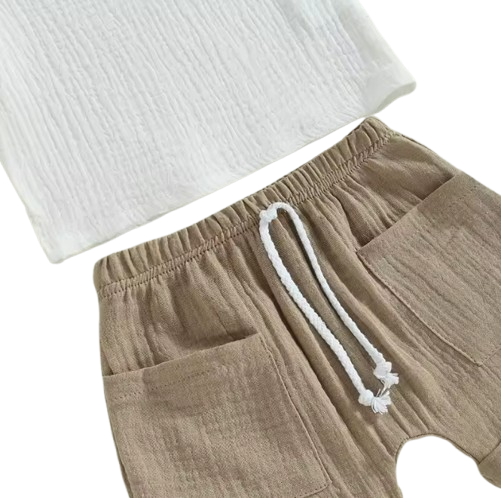 The Nikolai - Toddler Baby Boy Summer Outfit – 2‑Piece Solid Color Short Sleeve T‑Shirt with Chest Pocket & Elastic Shorts Set
