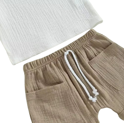 The Nikolai - Toddler Baby Boy Summer Outfit – 2‑Piece Solid Color Short Sleeve T‑Shirt with Chest Pocket & Elastic Shorts Set
