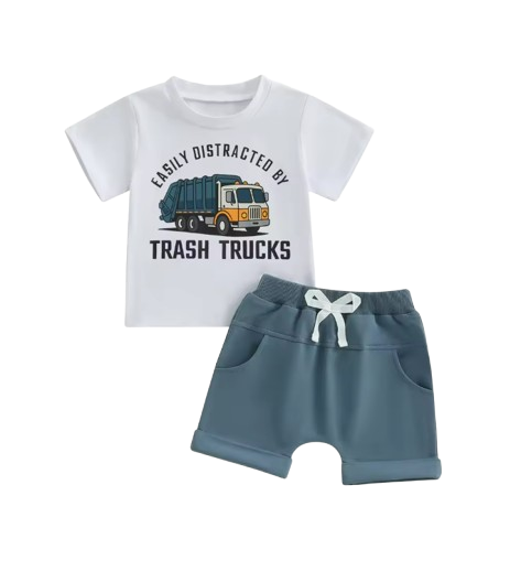 The Lachlan - Toddler Boys Summer Outfit – Letter Garbage Truck Print Short Sleeve T‑Shirt & Elastic Waist Shorts 2‑Piece Set