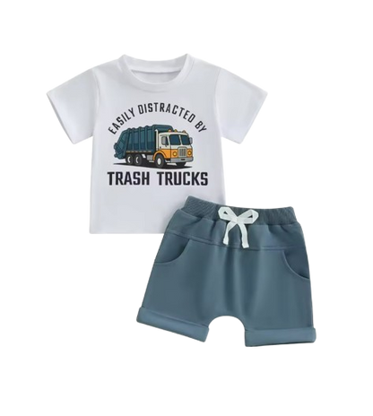 The Lachlan - Toddler Boys Summer Outfit – Letter Garbage Truck Print Short Sleeve T‑Shirt & Elastic Waist Shorts 2‑Piece Set