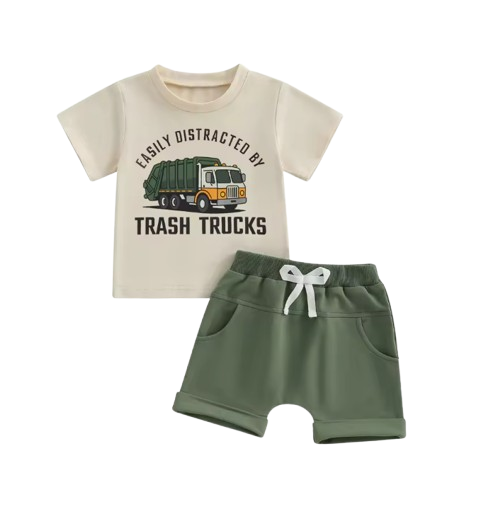 The Lachlan - Toddler Boys Summer Outfit – Letter Garbage Truck Print Short Sleeve T‑Shirt & Elastic Waist Shorts 2‑Piece Set