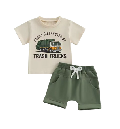 The Lachlan - Toddler Boys Summer Outfit – Letter Garbage Truck Print Short Sleeve T‑Shirt & Elastic Waist Shorts 2‑Piece Set