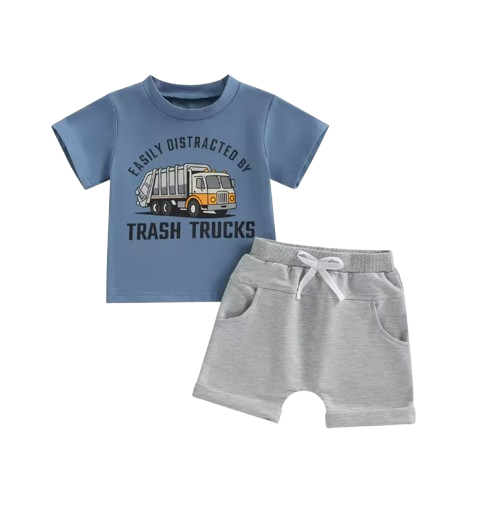The Lachlan - Toddler Boys Summer Outfit – Letter Garbage Truck Print Short Sleeve T‑Shirt & Elastic Waist Shorts 2‑Piece Set