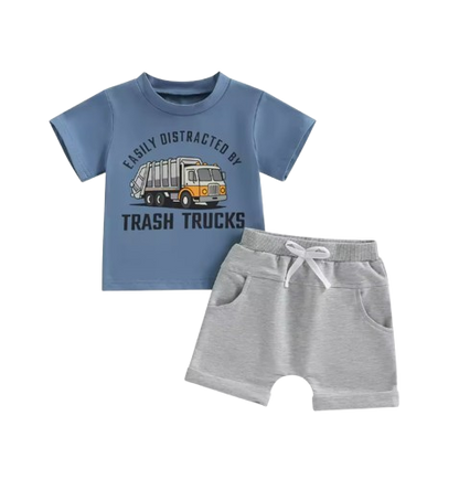 The Lachlan - Toddler Boys Summer Outfit – Letter Garbage Truck Print Short Sleeve T‑Shirt & Elastic Waist Shorts 2‑Piece Set