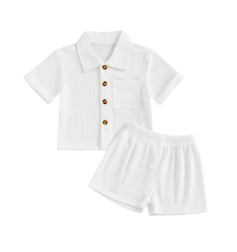 The Roland - Toddler Baby Boy Summer Outfit – 2‑Piece Solid Short Sleeve Turn‑Down Collar Top & Casual Elastic Shorts Set