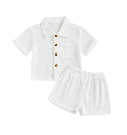 The Roland - Toddler Baby Boy Summer Outfit – 2‑Piece Solid Short Sleeve Turn‑Down Collar Top & Casual Elastic Shorts Set