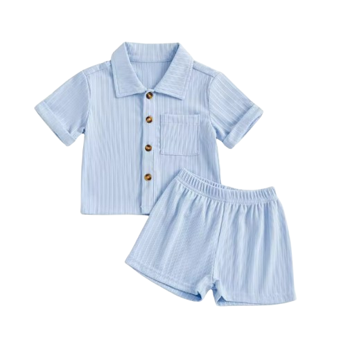 The Roland - Toddler Baby Boy Summer Outfit – 2‑Piece Solid Short Sleeve Turn‑Down Collar Top & Casual Elastic Shorts Set